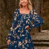 Womens Boho Long Sleeve Mini Dress Floral Square Neck Smocked A-Line Flowy Short Fall Wedding Guest Dresses
