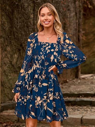Womens Boho Long Sleeve Mini Dress Floral Square Neck Smocked A-Line Flowy Short Fall Wedding Guest Dresses