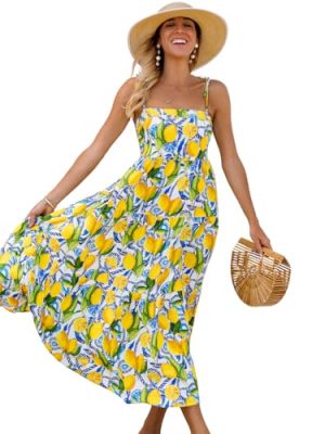 51woyZX3hgL.jpg Women's Resort Dress, Organic Rayon Maxi Dress, Smocked Back, Adjustable Tie Straps, and Flowy Tiered Bottom