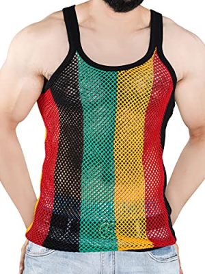 Men's Rasta String Vest 100% Cotton Mesh Marina Caribbean Jamaican Tank Top See-Through Gym Beach Shirt