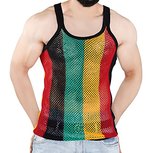 Men's Rasta String Vest 100% Cotton Mesh Marina Caribbean Jamaican Tank Top See-Through Gym Beach Shirt