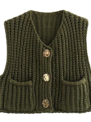 Women's Sleeveless Cropped Knit Cardigan 2025 Casual Button Down Crochet Sweater Vest Tops with Pockets