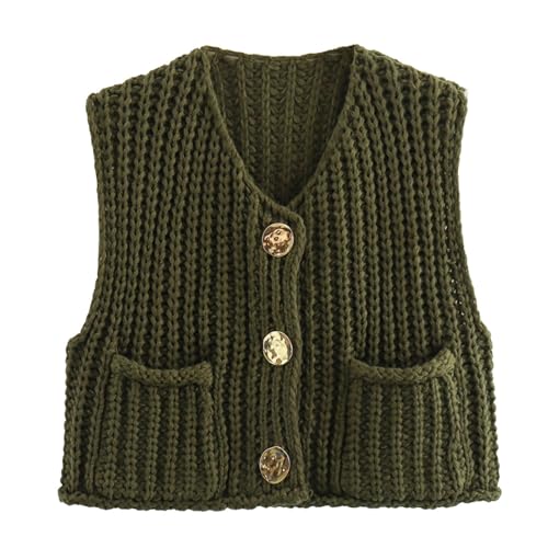 Women's Sleeveless Cropped Knit Cardigan 2025 Casual Button Down Crochet Sweater Vest Tops with Pockets