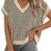 51zFwv-y6QL.jpg Womens Casual Summer Tops V Neck Short Sleeve Plaid Knit Vest Loose Fit Pullover Sweaters Blouses