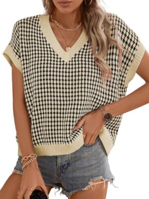 51zFwv-y6QL.jpg Womens Casual Summer Tops V Neck Short Sleeve Plaid Knit Vest Loose Fit Pullover Sweaters Blouses