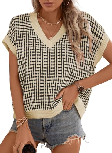 51zFwv-y6QL.jpg Womens Casual Summer Tops V Neck Short Sleeve Plaid Knit Vest Loose Fit Pullover Sweaters Blouses
