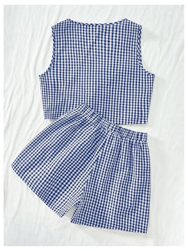 Women's Summer 2 Piece Outfits Plaid Print Sleeveless Tie Front Tank Top Vest Shorts Beach Vacation Set