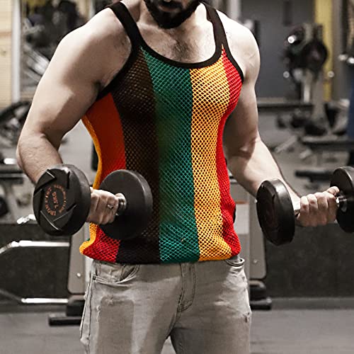 Men's Rasta String Vest 100% Cotton Mesh Marina Caribbean Jamaican Tank Top See-Through Gym Beach Shirt