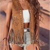 Women Boho Western Tassel Vest Open Front Faux Suede Fringe Cardigan Sleeveless Jacket Vintage Hippie Outwear