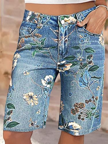 51zqLAy-eL.jpg High Waisted Bermuda Shorts for Women Knee Length Floral Print Stretchy Summer Denim Shorts Trendy