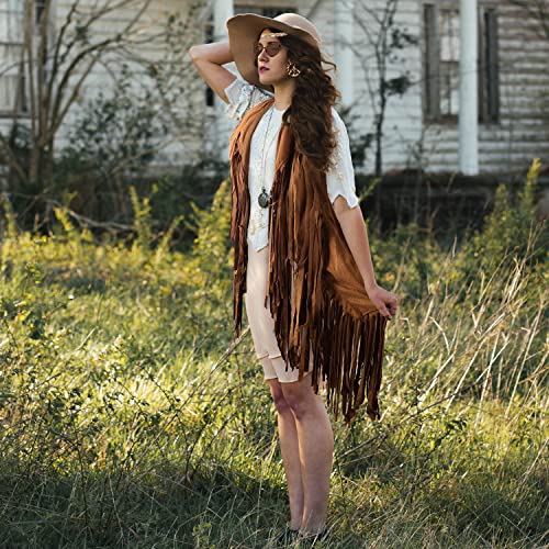 60s 70s Hippie Costume Set for Women, Bohemian Costume Accessories Set Fringe Vest Leopard Print Earrings Headband Heart