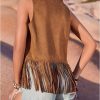 Women Boho Western Tassel Vest Open Front Faux Suede Fringe Cardigan Sleeveless Jacket Vintage Hippie Outwear