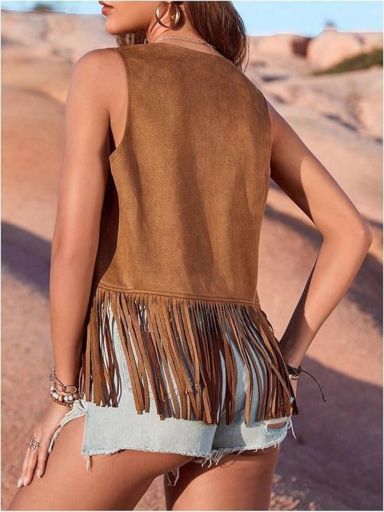 Women Boho Western Tassel Vest Open Front Faux Suede Fringe Cardigan Sleeveless Jacket Vintage Hippie Outwear