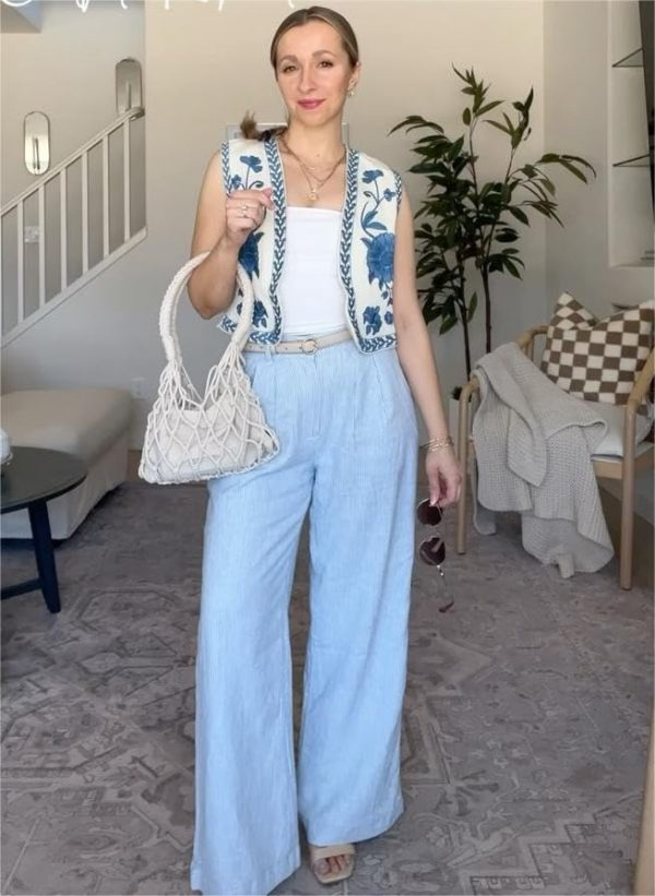 Women's Floral Embroidered Vest Boho Vintage Linen Vest Y2k Sleeveless 2024 Summer Waistcoat Top