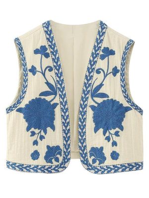 Women's Floral Embroidered Vest Boho Vintage Linen Vest Y2k Sleeveless 2024 Summer Waistcoat Top